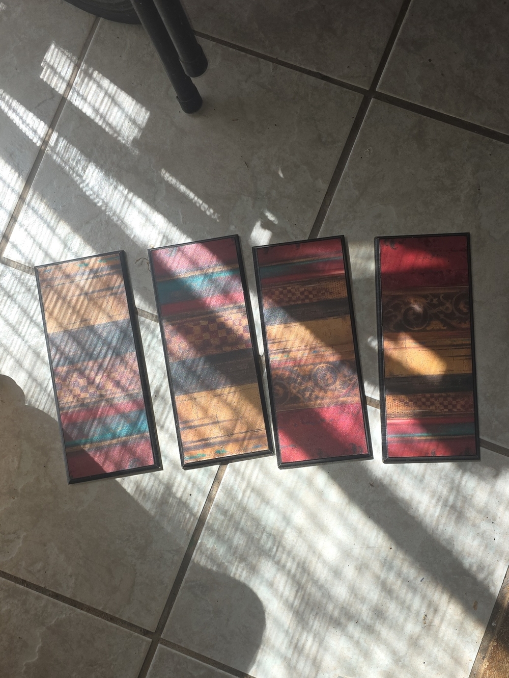 Set of 4 Patterned Wall Panels in Red, Tan, Teal and Black